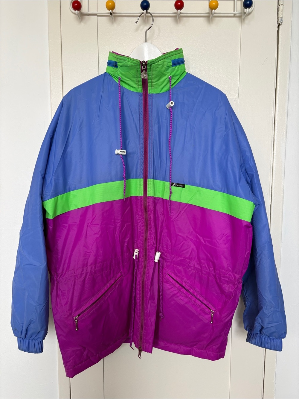 K-Way Colorblock Windbreaker Jacket in Blue, Magenta & Green